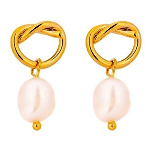 NEW 18K Gold Stainless Steel Pearl Hoop Drop Earrings Knot Modern Chic Vintage